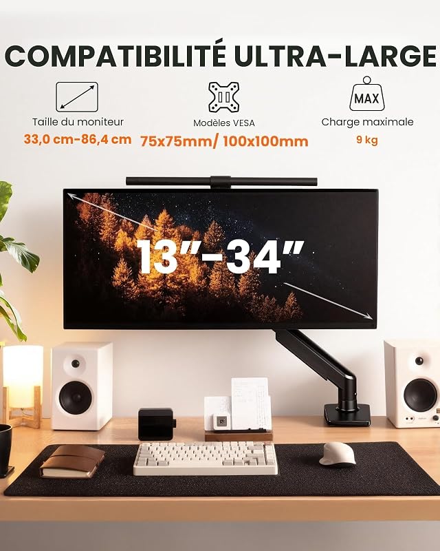 Support Ecran PC pour Écrans 13-34 Pouces [Version Améliorée - Fini l'Affaissement] Bras Ecran PCà Montage Rapide jusqu'à 9kg, avec Gestion de Câbles pour Bureau et Gaming, VESA 75 & 100 mm