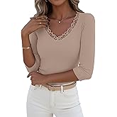LUXVEER 3/4 Length Sleeve Womens Tops Lace Sexy V Neck Ribbed Knit Fitted T Shirts Dressy Casual Blouses Going Out Tops
