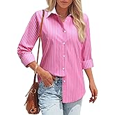 Striped Button Down Shirts for Women Cotton Dress Shirt Long Sleeve Collared Blouse Tops Business Office Attire