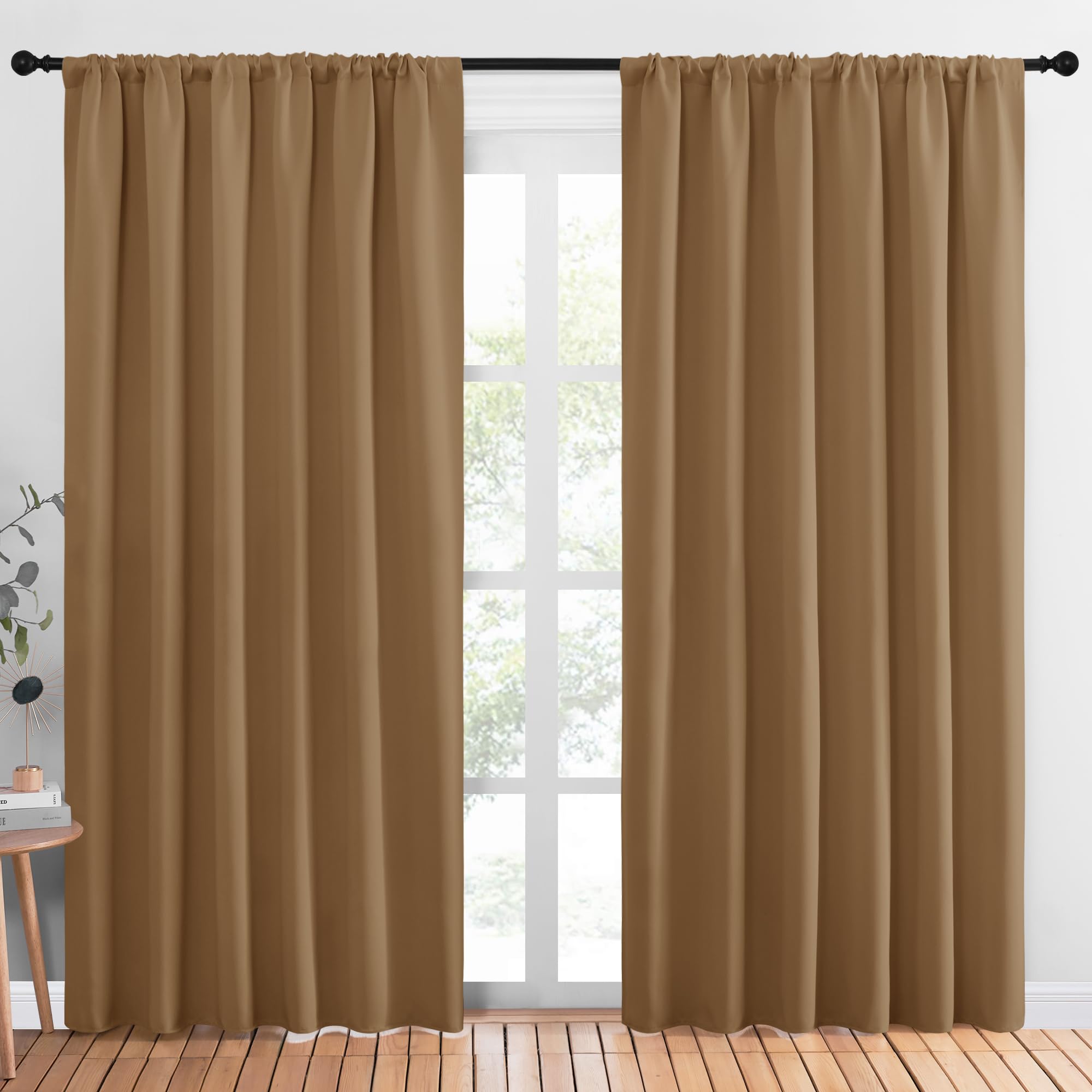 NICETOWN Living Room Curtains, Blackout Draperies, Gold Brown, 1 Pair, 70 x 84-inch, Home Decorations Thermal Insulated Solid Rod Pocket Blackout Drapes for Cafe Image