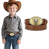 SUOSDEY Kids Western Cowboy Belt for Boys Girls,Toddler Cowgirl Embossed Leather Belt with Longhorn Bull Buckle