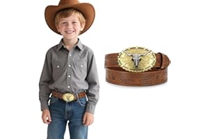 SUOSDEY Kids Western Cowboy Belt for Boys Girls,Toddler Cowgirl Embossed Leather Belt with Longhorn Bull Buckle