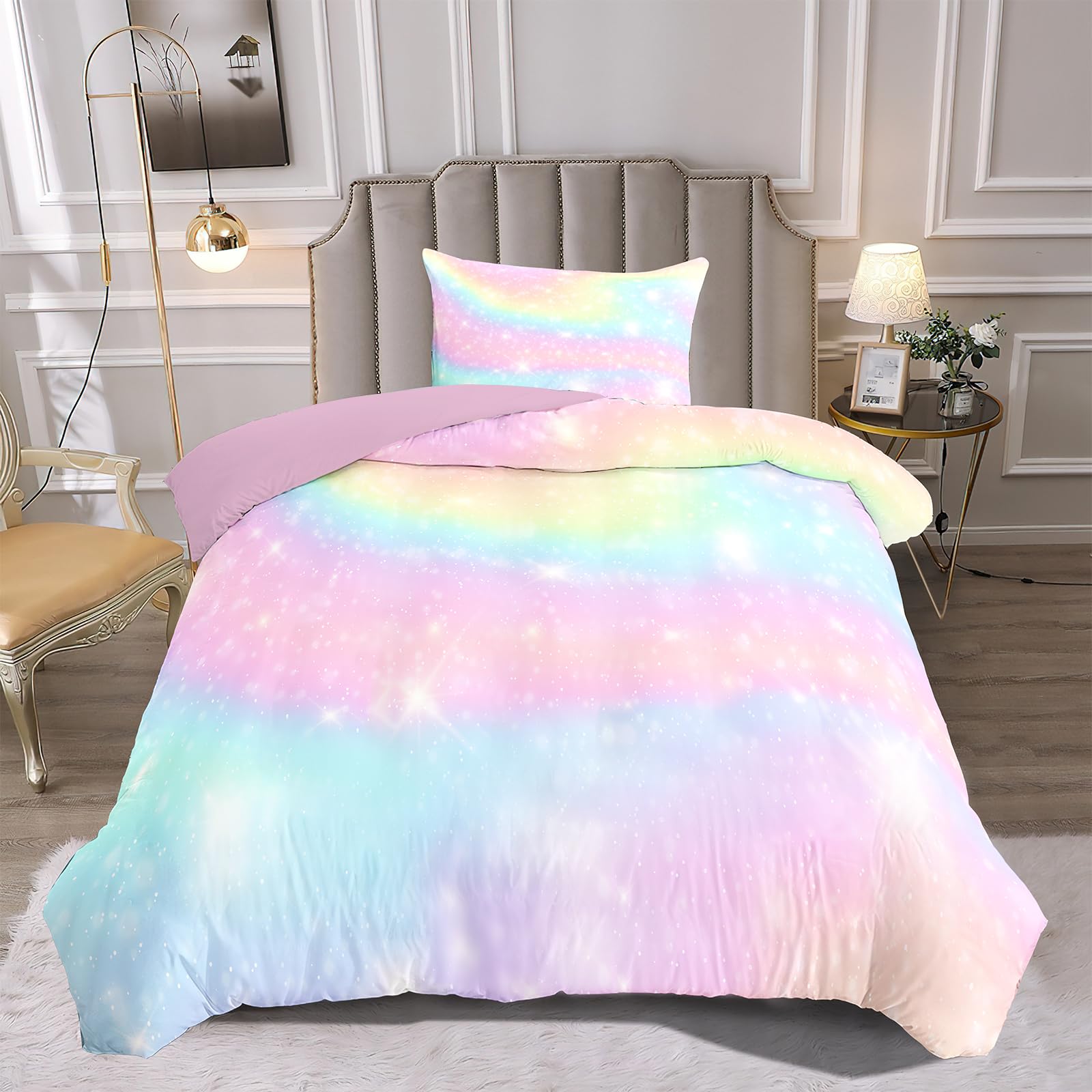 Decalsweet Colorful Duvet Cover Set for Girls,Soft Breathable Bedding Set for Kids Children,Quilt Cover with Pillowcase,Single,2 pcs