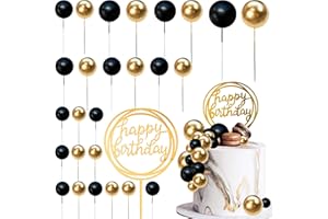 HAVAGDTM Colorful Balls Cake Topper Pearl Balls Cake Topper Happy Birthday Cake Insert Pick DIY Pile Up Insert for Wedding Birthday Party Baby Shower Cake Decoration (Black and Gold)
