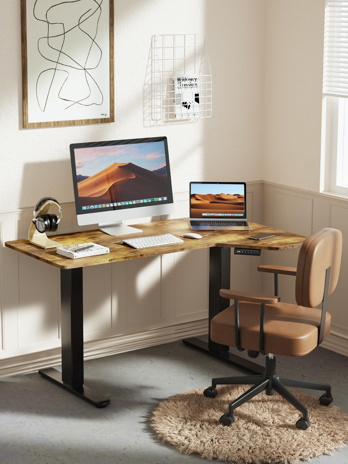 Marsail L Shaped Electric Standing Desk, 55x34 Inch Standing Desk Adjustable Height with Headphone Hook, Large Computer Desk Sit Stand Desk for Home Office Sturdy Writing Workstation, Vintage