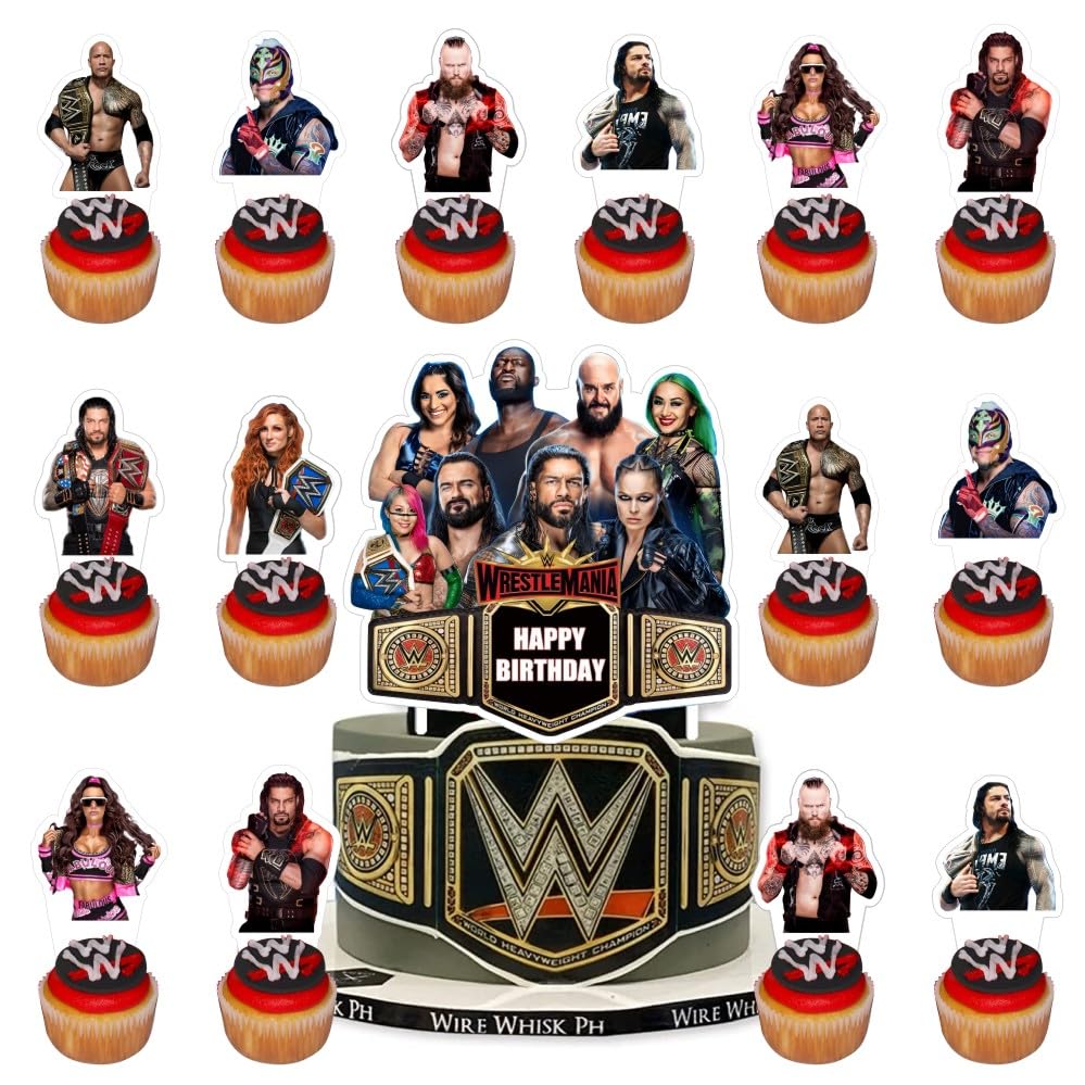 Photo 1 of 25 Pcs Wresting Cake Topper and Cupcake Toppers Set Birthday Party Supplies for Wresting Themed Birthday Decorations