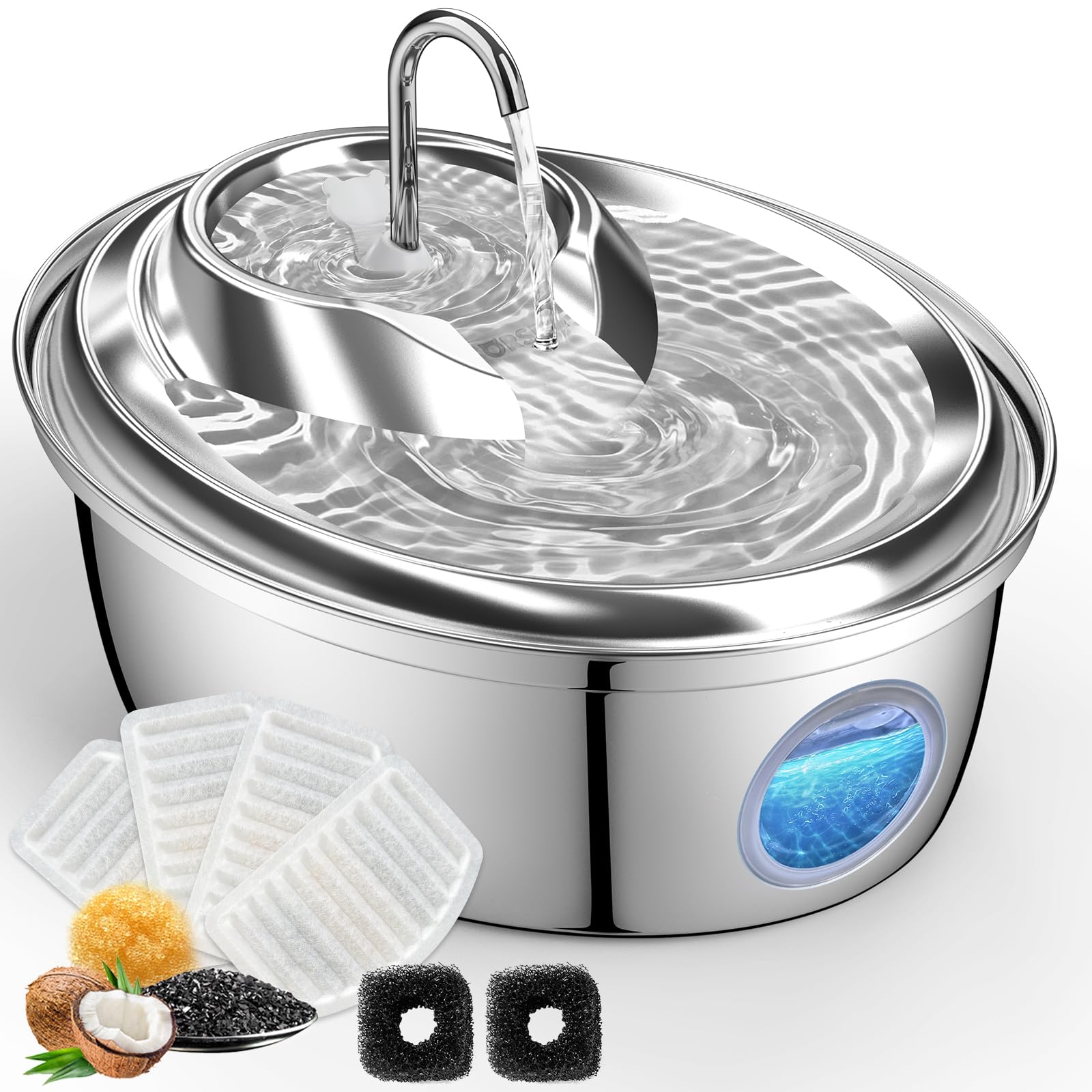 GoldenSun Cat Water Fountain, 118oz/3L Stainless Steel Pet Water Fountain Inside, Automatic Dog Drinking Fountain with Water Level Visual Window for Cats and Small Dogs