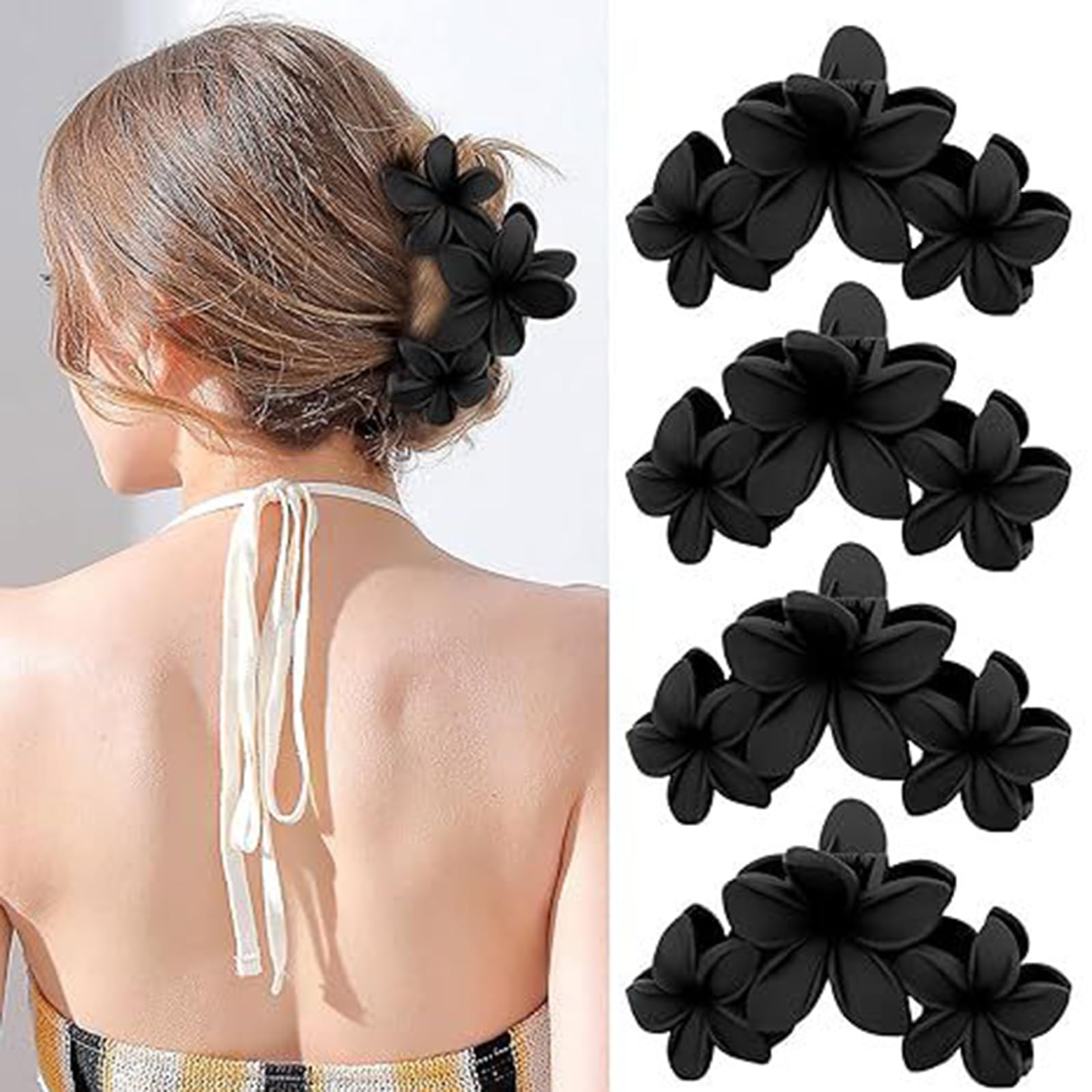 Ling & Bai 4Pcs Flower Hair Claw Big Frosted Clip Cute Strong Hold Headdresses Large Hair Styling Accessories for Women (Black)