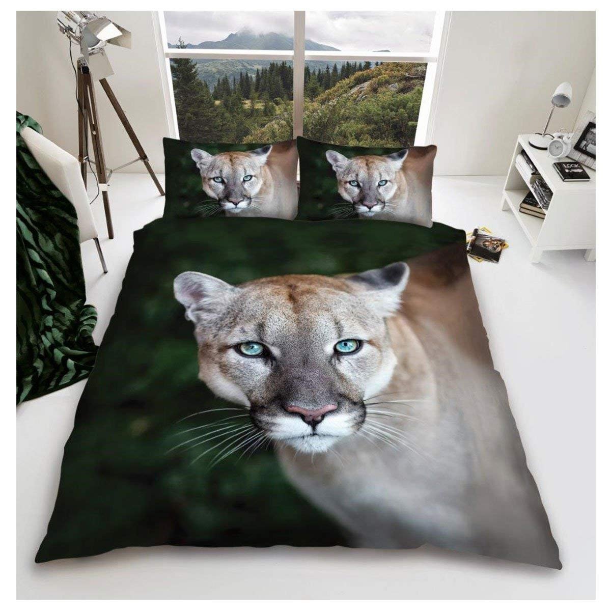 3D WILDLIFE PUMA Bed Set with Duvet Cover and Pillow Case, Polyester-Cotton, Multi, Double