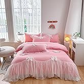 SOUKECHY Girls Lace Bedding,Twin Comforter Cover Set, Chic Ruffled Duvet Cover with Lovely Bow,Princess Style 1 Duvet Cover with 1 Pillowcases, No Comforter-Bright Pink,Twin Size
