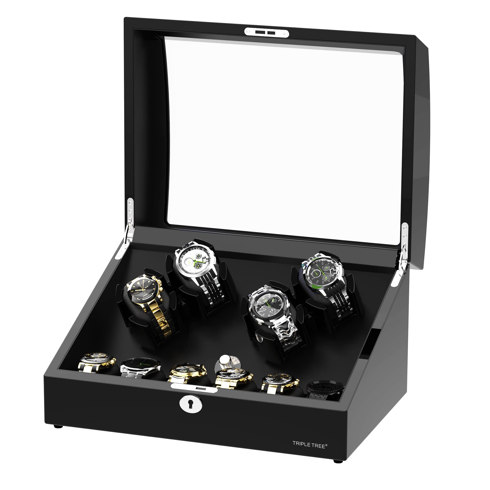 TRIPLE TREE Watch Winder for 4 Automatic Watches, with Extra 6 Watch Storages, Wood Shell Piano Finish, Silent Motor, Flexible Watch Pillow