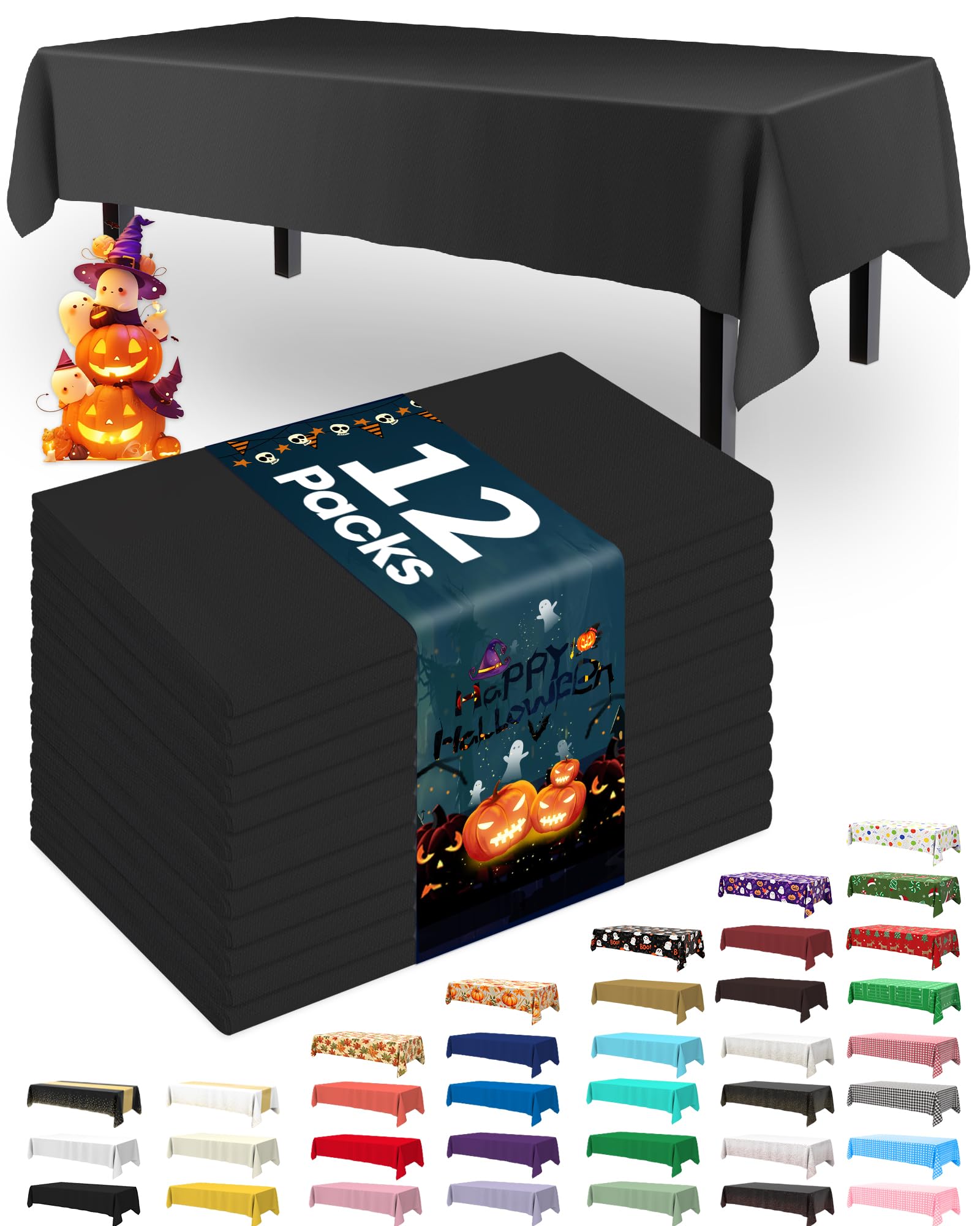 Photo 1 of Pureegg Plastic Table Cloth Disposable 12 Pack, 54 x 108 Inch Table Cloths, Party, Picnic, Halloween, Decorative Tablecloths, Rectangle, White Plastic Cover, Leakproof & Sturdy, Black