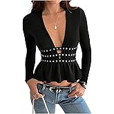 SweatyRocks Women's Going Out Tops Beaded Ruffled Hem Rave Outfits Deep V Neck Long Sleeve T Shirts