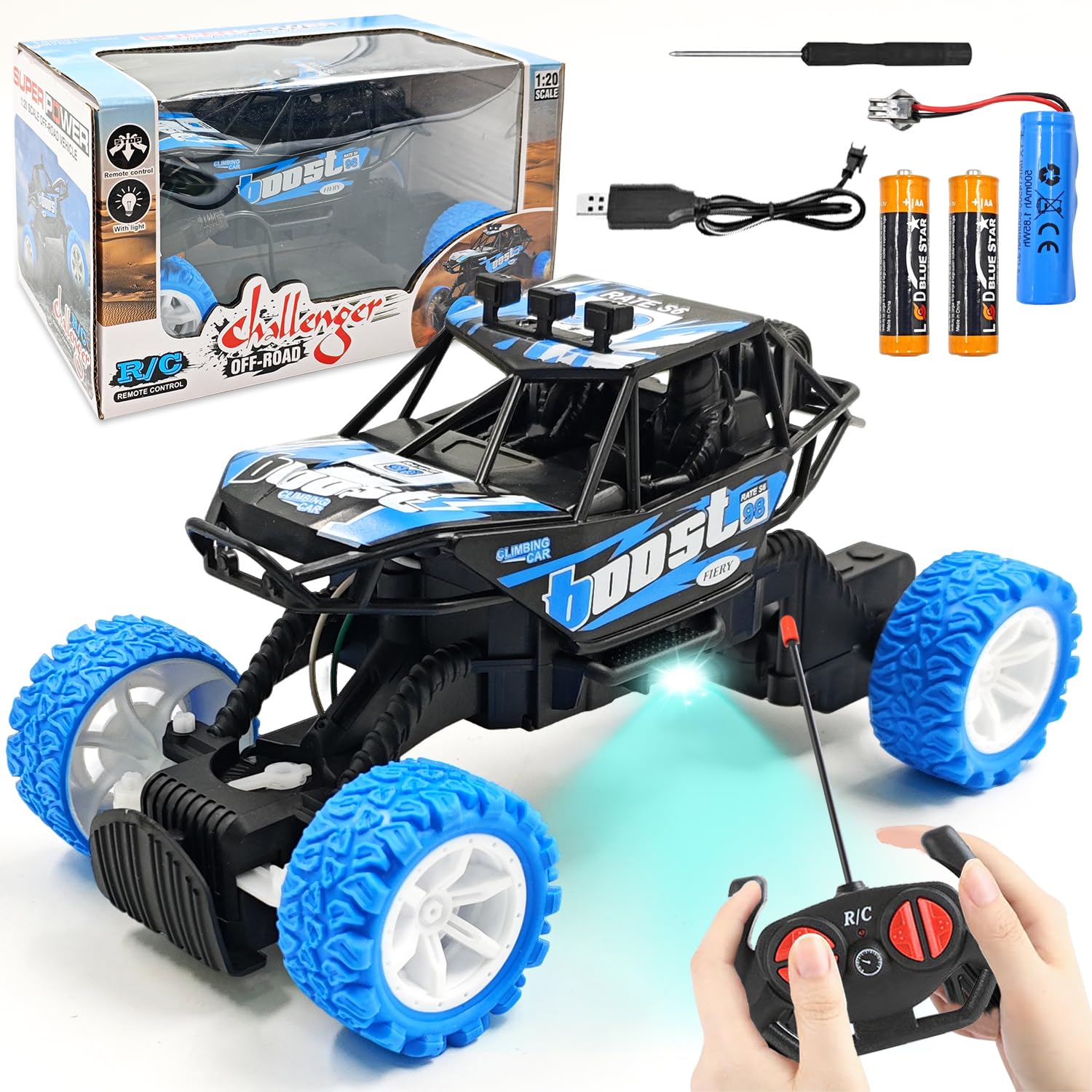 HATFRYF Remote Control Cars, Kids RC Cars High-Speed Off-Road Race Car with Rechargeable Battery, Stunt Car, LED Radio Controlled Truck Toy for Kids Christmas Birthday Gifts for Aged 4 and Up-Blue