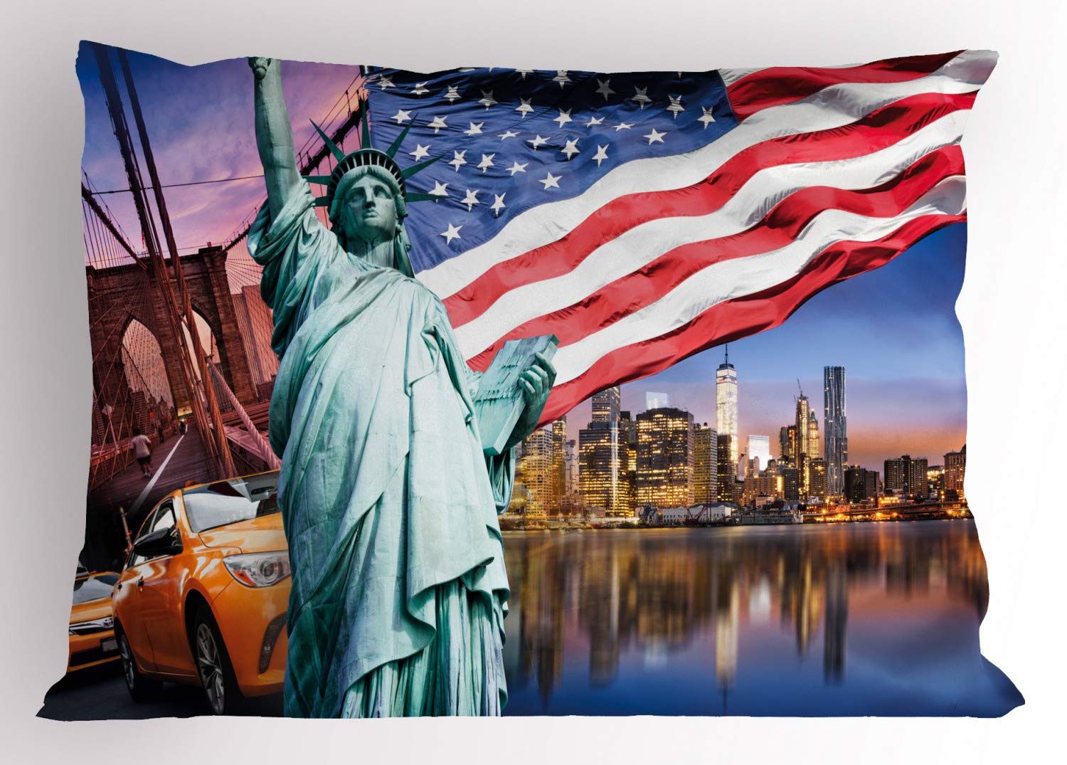 ABAKUHAUS United States Pillow Sham, USA Touristic Concept, Decorative Standard Size Printed Pillowcase, 26" X 20", Multicolor