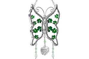 KY&BOSAM Shamrock Butterfly Suncatcher Faith Hope Love Irish Stained Glass for Windows Suncatchers Hangings Ornament Wind Chime with Real Flower as Gifts for Mom Mothers Day St Patrick's Day Décor