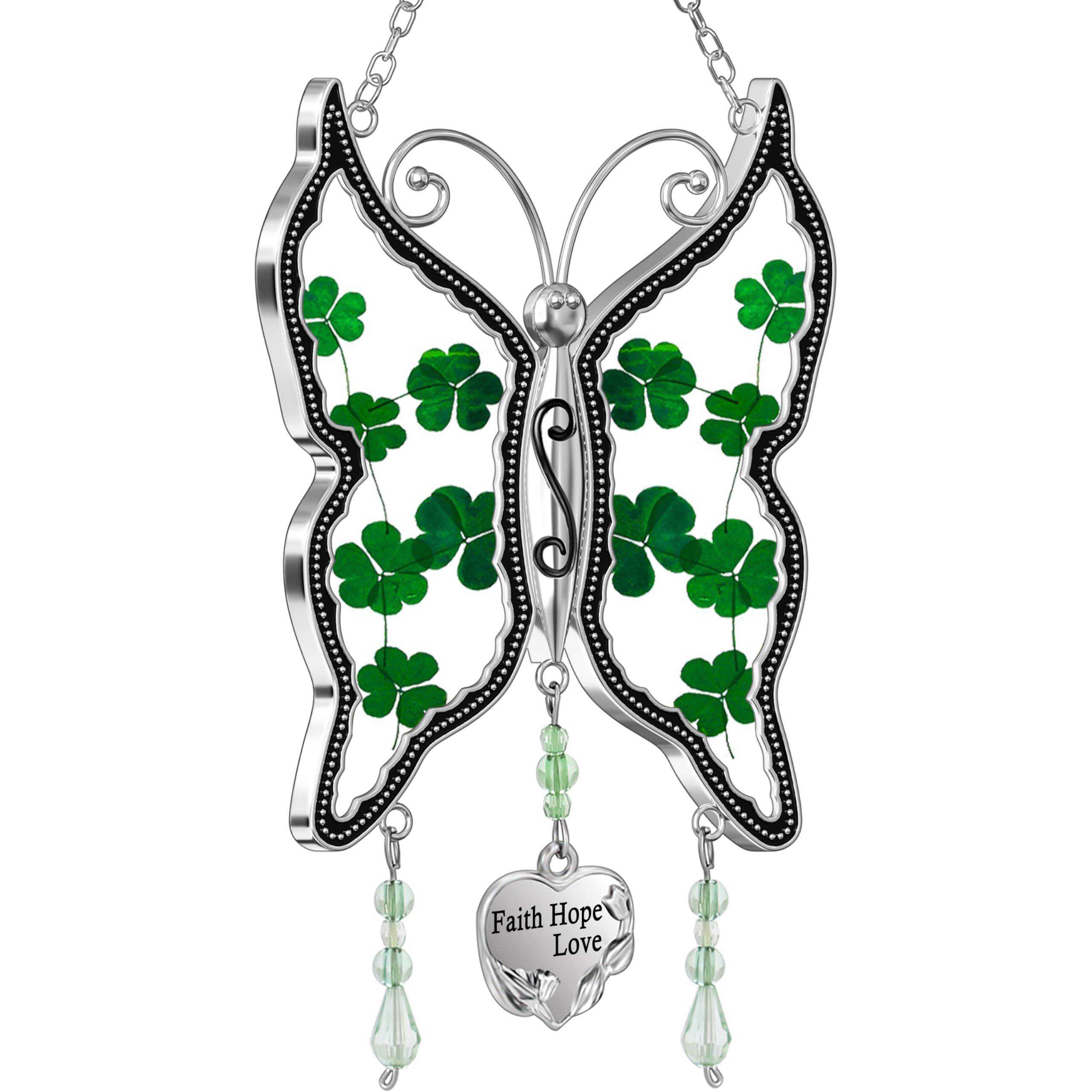 KY&BOSAM Shamrock Butterfly Suncatcher Faith Hope Love Irish Stained Glass for Windows Suncatchers Hangings Ornament Wind Chime with Real Flower as Gifts for Mom Mothers Day St Patrick's Day Décor