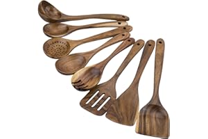 WOODME Kitchen Utensils Set 8 Piece Teak Wooden Cooking Utensil Set Non-Stick Pan Wood Spoons and Spatula Cookware for Home E
