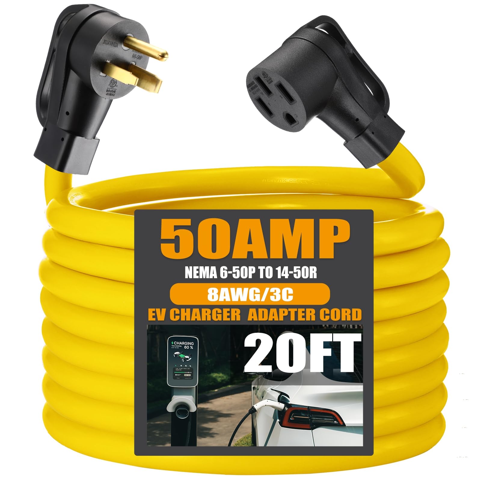 Photo 1 of Tellegloww 20FT EV Charger Adapter Cord Compatible with NEMA 6-50P to 14-50R, 50 Amp Welder to 50 Amp EV for Level 2 Charging, 3 Prong Male to 4 Prong Female Power Cord, STW 10 AWG/4C, ETL Listed