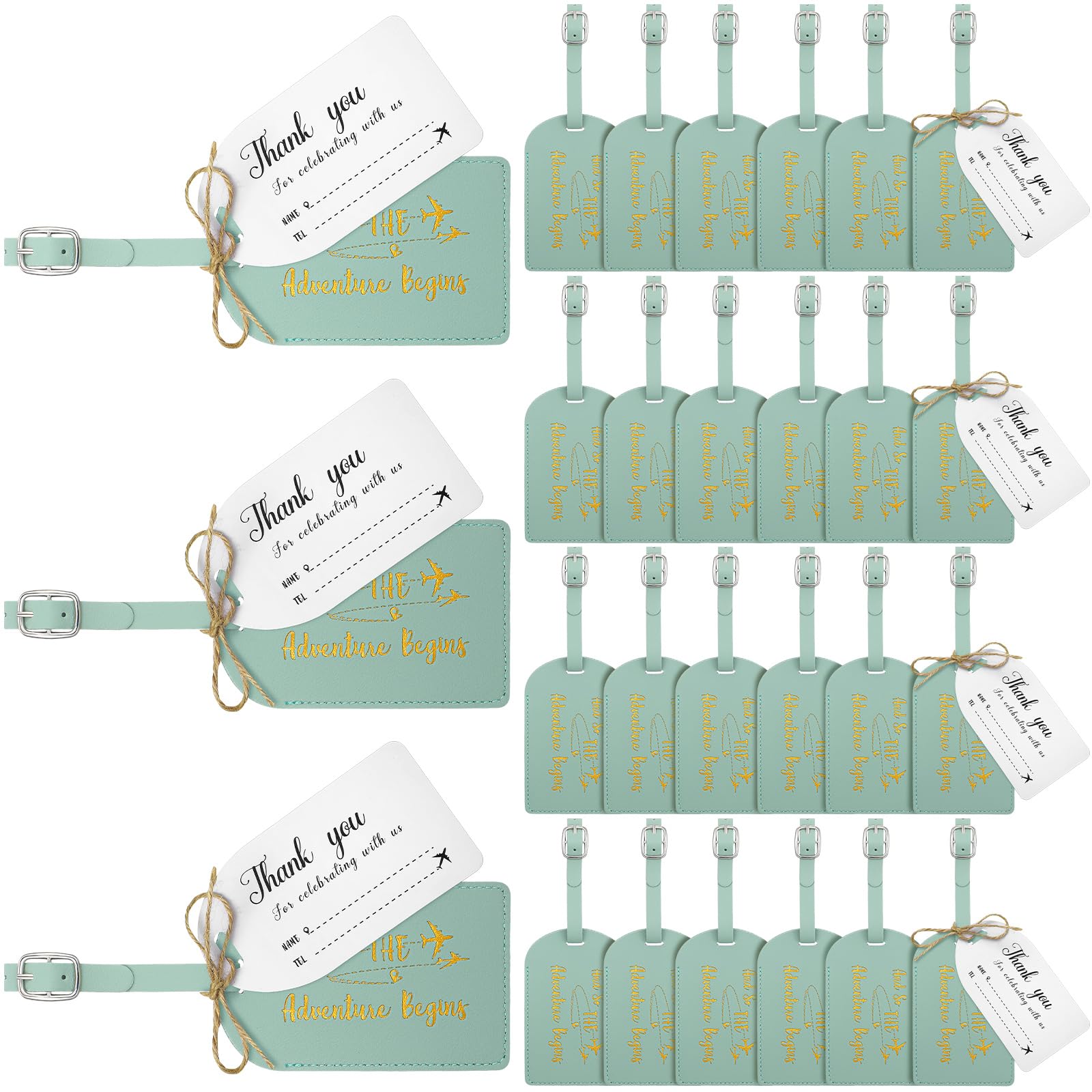 Photo 1 of Sweetude 48 Sets Leather Luggage Tag Bulk and So The Adventure Begins Luggage Tags with Name Card for Wedding Bridal Shower Bachelorette Honeymoon Travel Graduation Gifts(Light Green)