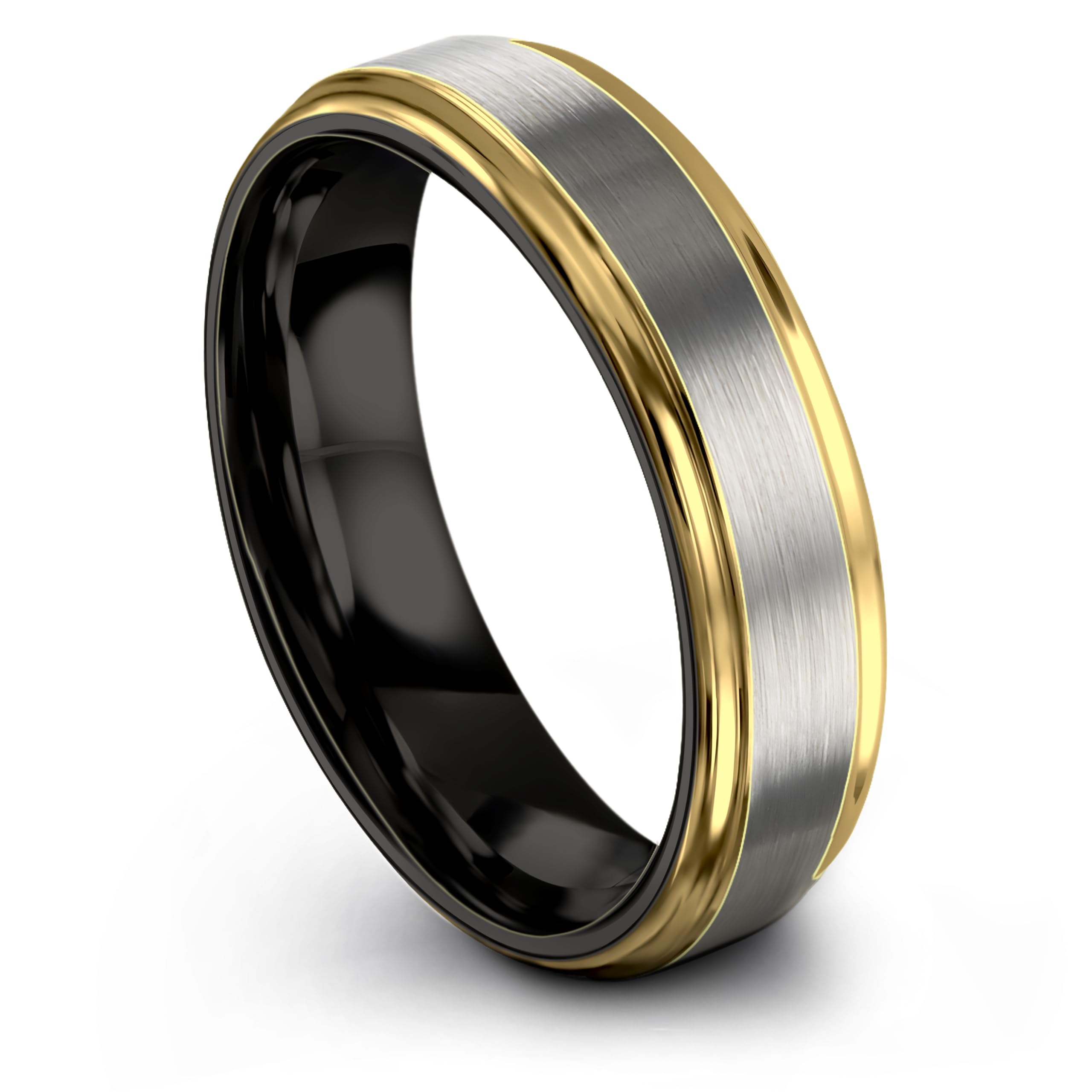 Anillo de boda de tungsteno de la colección Midnight Rose de 0.236 in para hombres y mujeres, chapado en oro amarillo de 18 quilates, corte plano, negro, pulido cepillado, tamaño 5,5