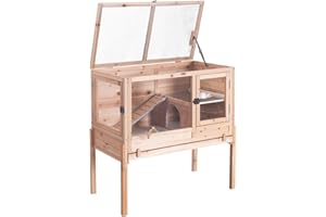 JOYQINCHEN Wooden Guinea Pig Cages Indoor,Two-Story Wooden Rabbit Cage Hutch with Removable Stand and Pull Out Tray, Small Animals Cage Habitat with Ramp and Plastic Mesh(Natural Wood Color)