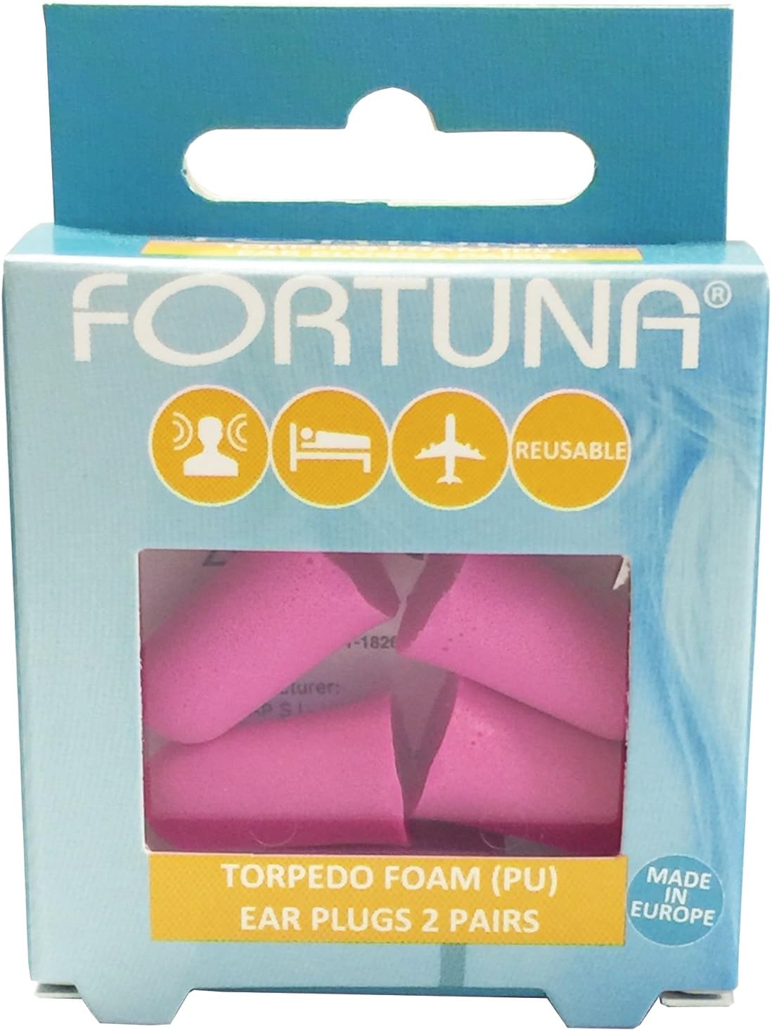 Fortuna Torpedo Foam (PU) Reusable Ear Plugs (2 Pairs) - Pink (Blue Packaging [2 PACKS])
