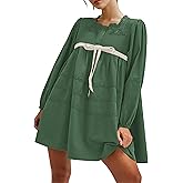 Burtell Women Flowy Long Puff Sleeve Mini Dress Casual Square Neck Lace Embroidered Babydoll Dress Bow Tie A-line Tunic Dress