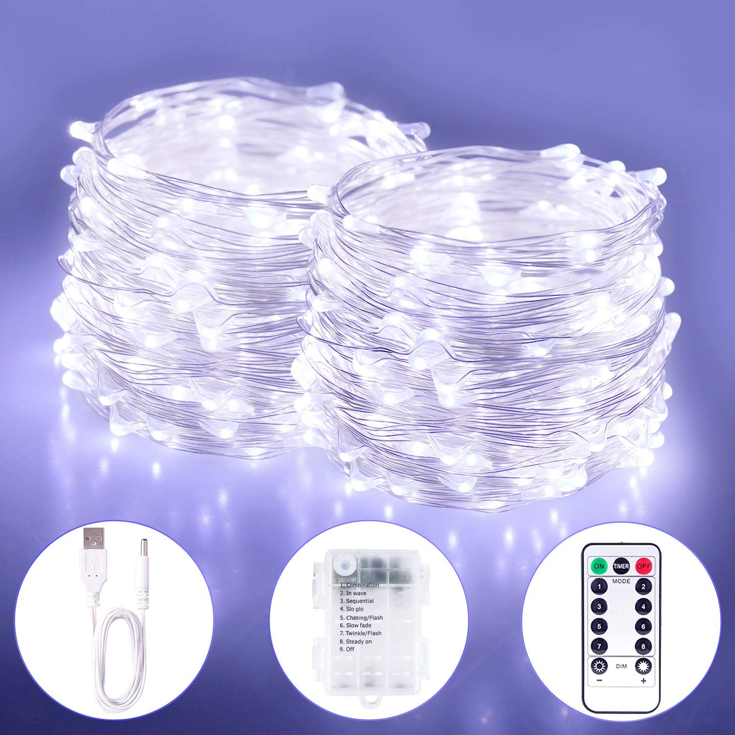Blingstar Fairy Lights 2 Pack String Lights 33ft 100 LED USB and Battery Operated Christmas Lights Remote Control Timer 8 Modes Firefly Lights Cool White Fairy String Lights for Bedroom Wedding Decor