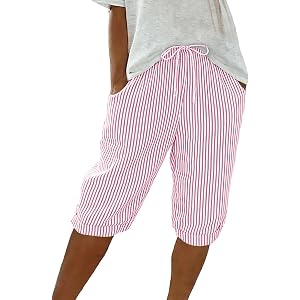 Womens Capri Pants Striped Drawcord Wide Leg Cropped Trousers with Pockets Casual Summer Bottoms Lounge