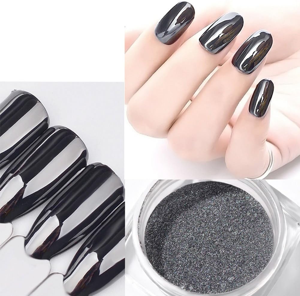 Jutao 2Box Nail Dip Powder Black Magic Mirror Chrome Glitter Holographic Pigment Manicure Decoration for Nail Art(Black 2 Box)