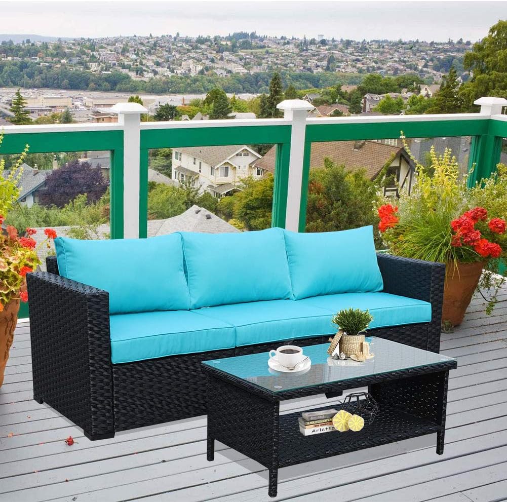 Rattaner Wicker Coffee Table - Outdoor Patio Garden Rattan 2-Layer Table Furniture with Storage, Black: Kitchen & Dining