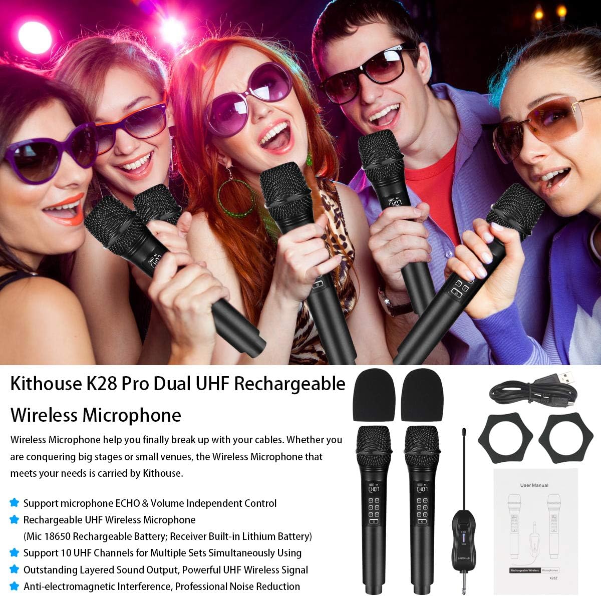 Kithouse K28 Rechargeable Wireless Microphone Karaoke Microphone Wireless Mic + Volume Control + Echo with Receiver System, UHF Cordless Microphone for Karaoke Singing Speech Church, Black: Home Audio & Theater