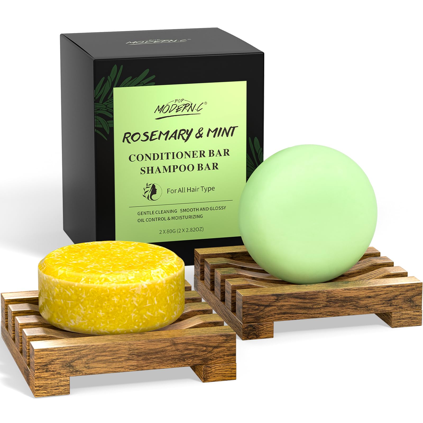 Shampoo Bar Conditioner Bar Set, Rosemary Mint Shampoo Conditioner Soap, Moisturizing Cleansing Zero Waste Solid Soap, for Straight Curly Oily Dry Hair, 2x80g Soaps and 2pcs Wooden Holder