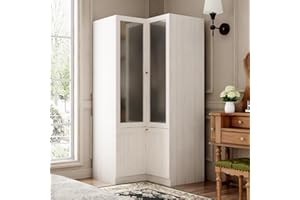 TAMUNE L-Shape Wardrobe Armoire Closet with Hanging Rod & Shelf, Bedroom Armoire with Frosted Glass Doors, Clothes Wardrobe with Gold Knob, Wood Grain, 35.4”D x 35.4”W x 70.9”H