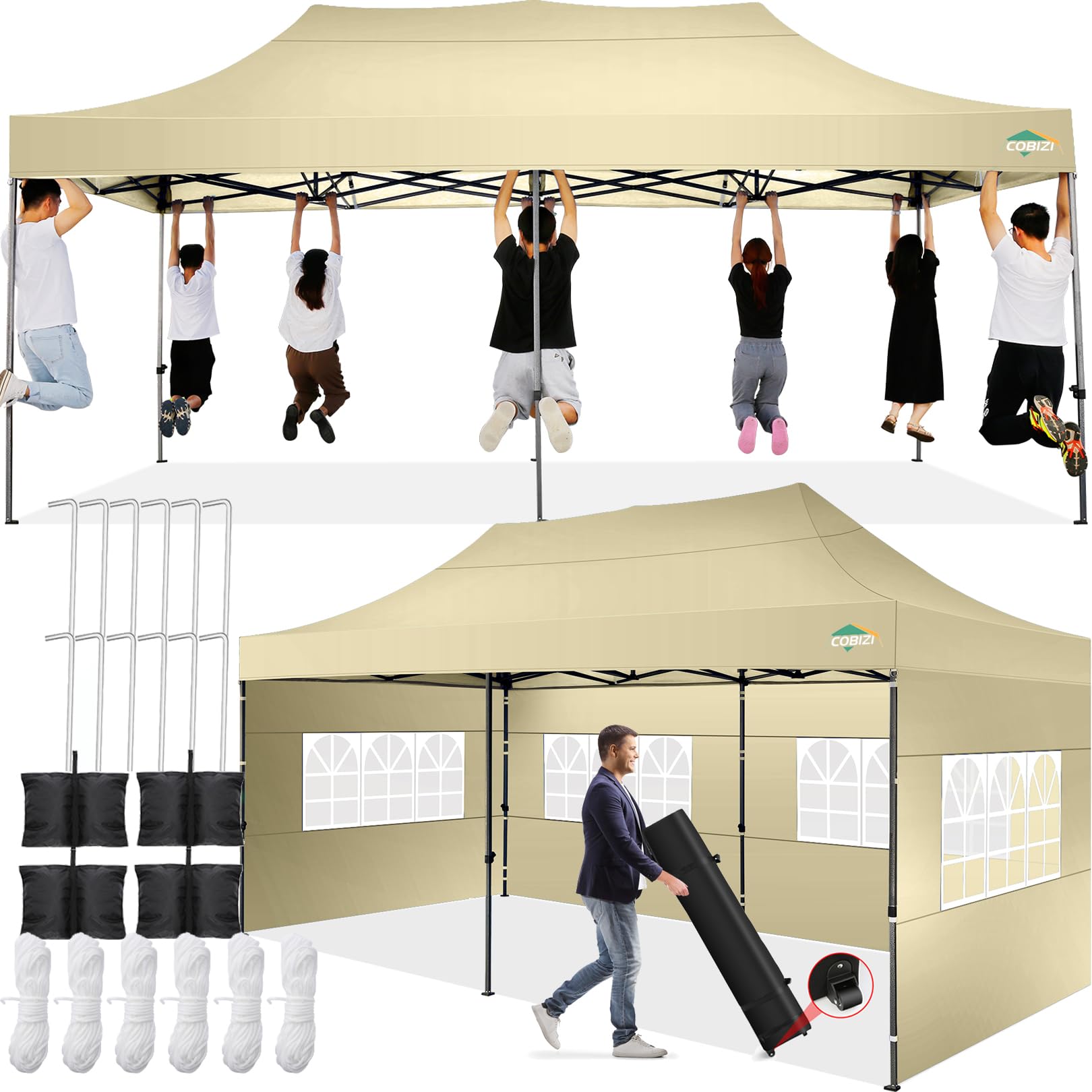 Photo 1 of COBIZI 10x20 Pop up Canopy Tent 10x20 Canopy with 6 Sidewalls Waterproof Heavy Duty Gazebo Commercial Canopy Tent for Parties Outdoor Gazebo, Carry Bag with Wheel(10x20ft, Khaki)