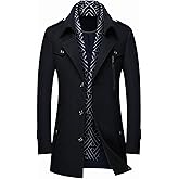 PRIJOUHE Men's Wool Blend Jacket Single Breasted Slim Fit Thick Winter Windproof Pea Coat with Removable Scarf