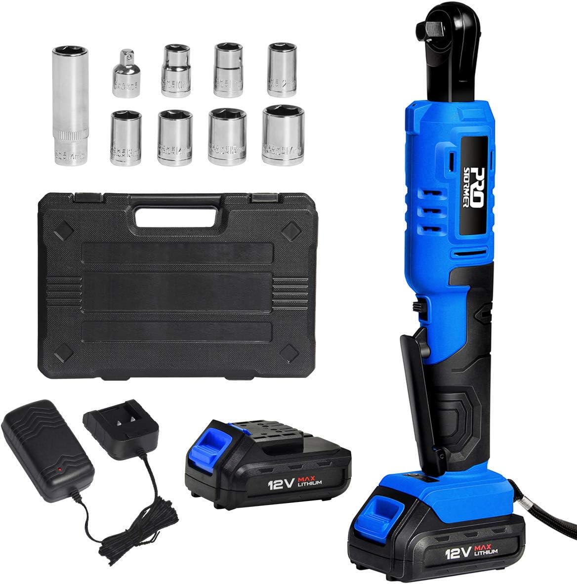 Cordless 3/8" Ratchet Wrench Set with 2PCS 2000mAh Lithium-Ion Batteries and Charger, PROSTORMER 12V Power Electric Ratchet Kit with 9-Piece Wrench Sockets and Toolbox