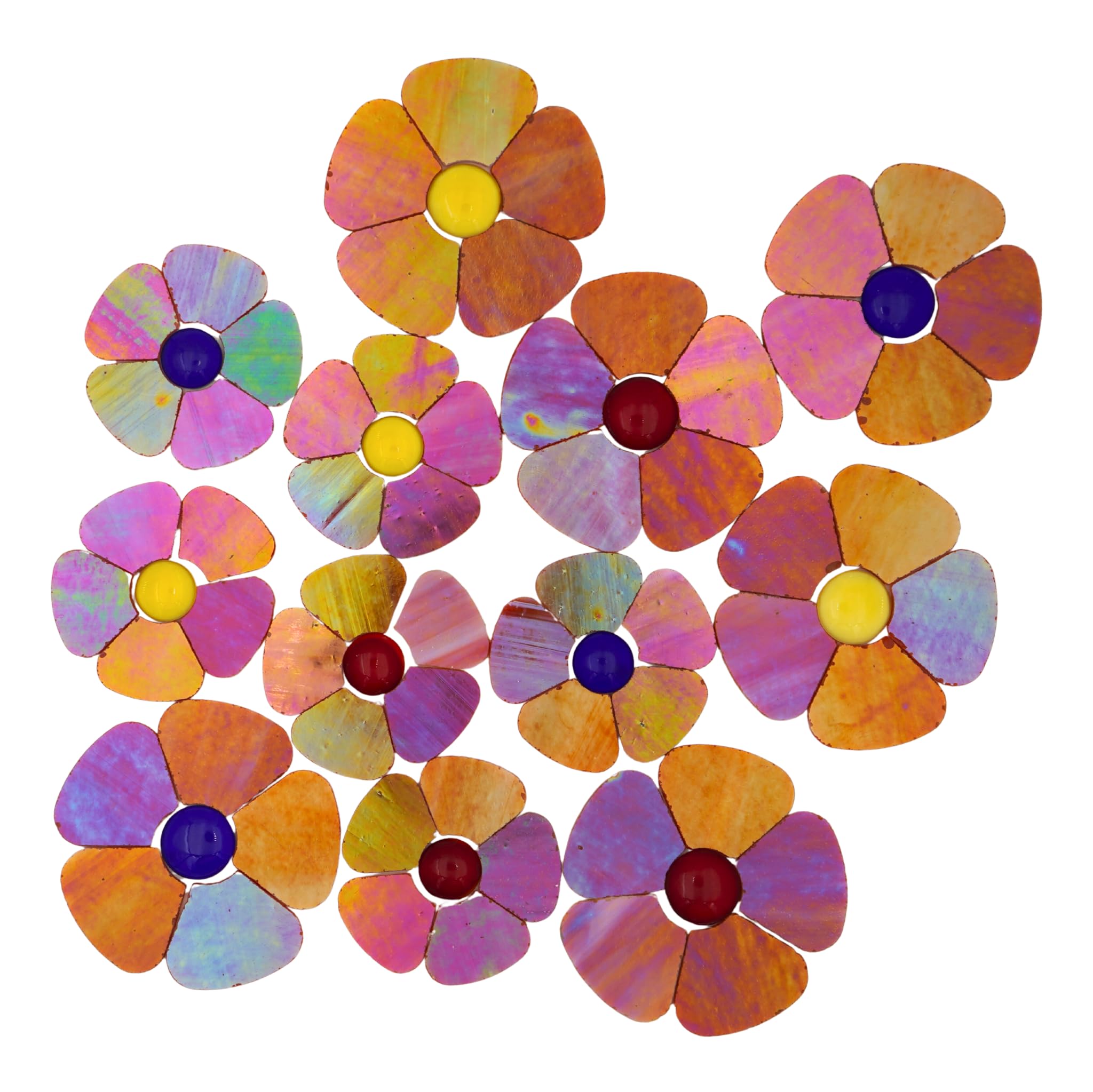 Photo 1 of Yuvori Iridescent Flower Mosaic Tiles – 12pcs Mixed Sizes, 5-Petal Iridescent Mica Flowers with Center Beads for DIY Mosaic Art, Fairy Garden, Home Craft, Outdoor Decor (Iridescent Orange)