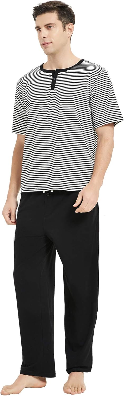 U2SKIIN Mens Cotton Pajama Set, Lightweight Short Sleeve Sleepwear Long Cotton Pajama Bottoms… at  Men’s Clothing store