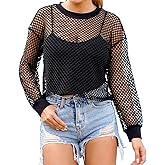 CLOZOZ Women's Mesh Crop Top See Through Fishnet Shirt Crew Neck Sheer Cover Up