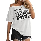 Hilinker Womens Off The Shoulder Asymmetrical Tops Oversized Graphic Tees Sexy Casual T Shirt