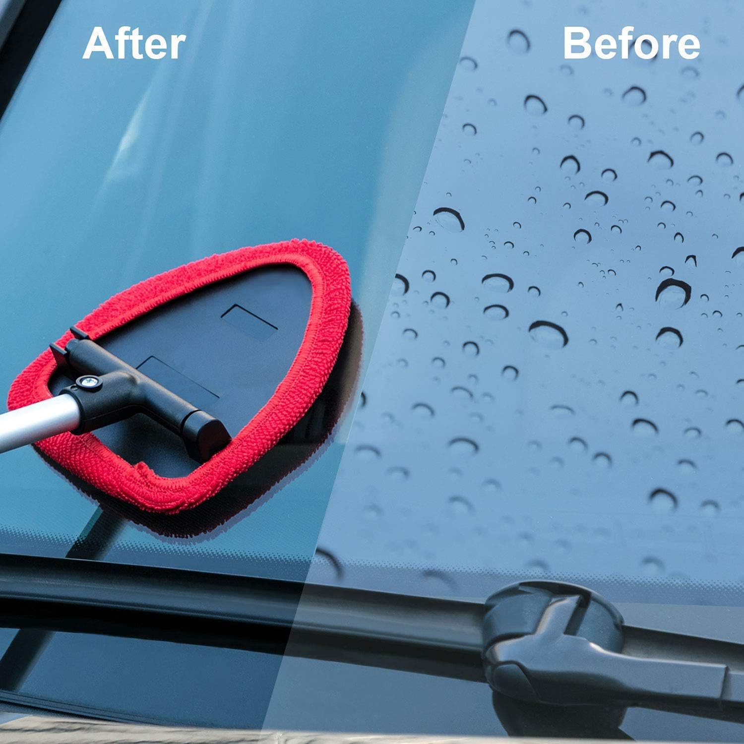 Windshield Window Cleaner Tool, Unbreakable Extendable Long-Reach Handle, Unique Pivoting Triangular Head, 3 Washable Reusable Microfiber Bonnets, Car & Home Inside Interior Exterior Use - Lint Free: Automotive