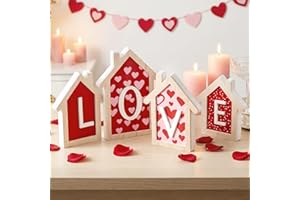 OLANRUN Valentines Day Decorations, 4 Pcs Valentine Decor 3D Wood House Shape Signs, Red and Pink Wooden Valentines Decoratio