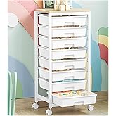SYKIARIOL Rolling Cart with Drawers,8 Drawer Rolling Cart,Rolling Drawer Cart,Rolling Storage Drawer Cart,White Rolling Cart,Utility Cart with Drawers and Wooden Tabletop
