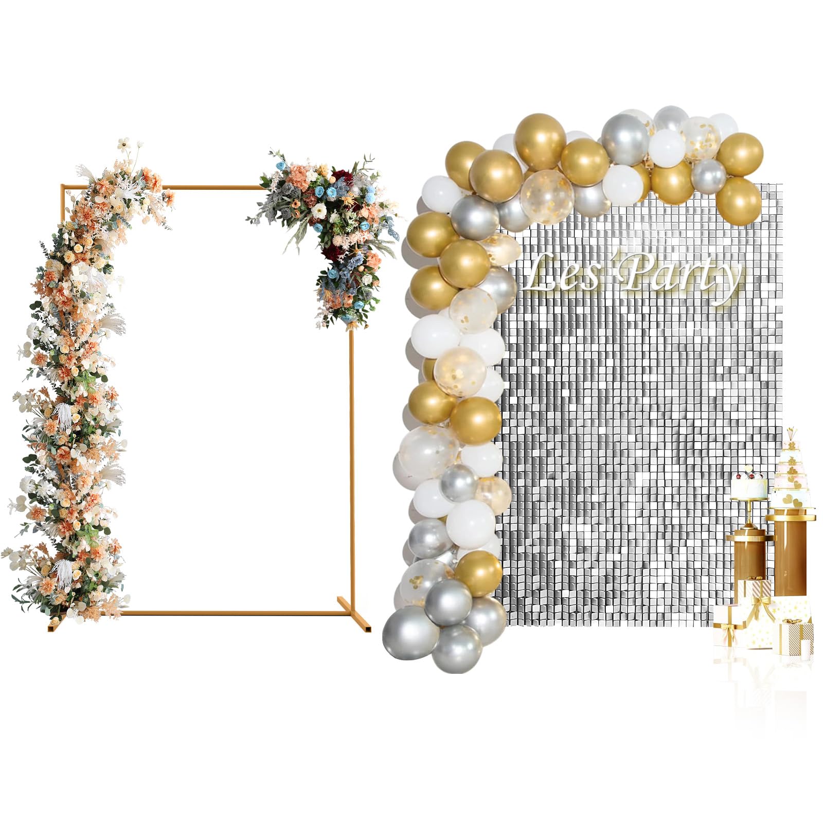 Photo 1 of 6FTx4FT Silver Shimmer Wall Backdrop, Square Backdrop Stand with Silver Sequin Wall Panels(24 pcs), Balloon Arch Stand Framefor Ceremony Party Birthday Photo Booth Background Balloon Decoration