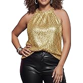 Sparkly Sequin Tops for Women Halter Tank Top Shiny Glitter Club Disco Rock Concert Outfit Sleeveless Dressy Shirt Blouse