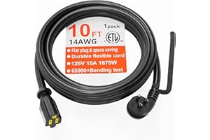 HUANCHAIN 14 Gauge 10 FT Flat Plug Extension Cord Black Indoor Outdoor, Heavy Duty 3 Prong Grounded Low Profile Extension Wire Flexible, 15A 1875W 125V 14AWG SJTW, ETL Listed
