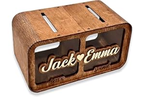 Personalized Wooden Savings Bank for Couples, Custom Name Piggy Bank with Acrylic Window, Rustic Money Box with Coin Slot, Un