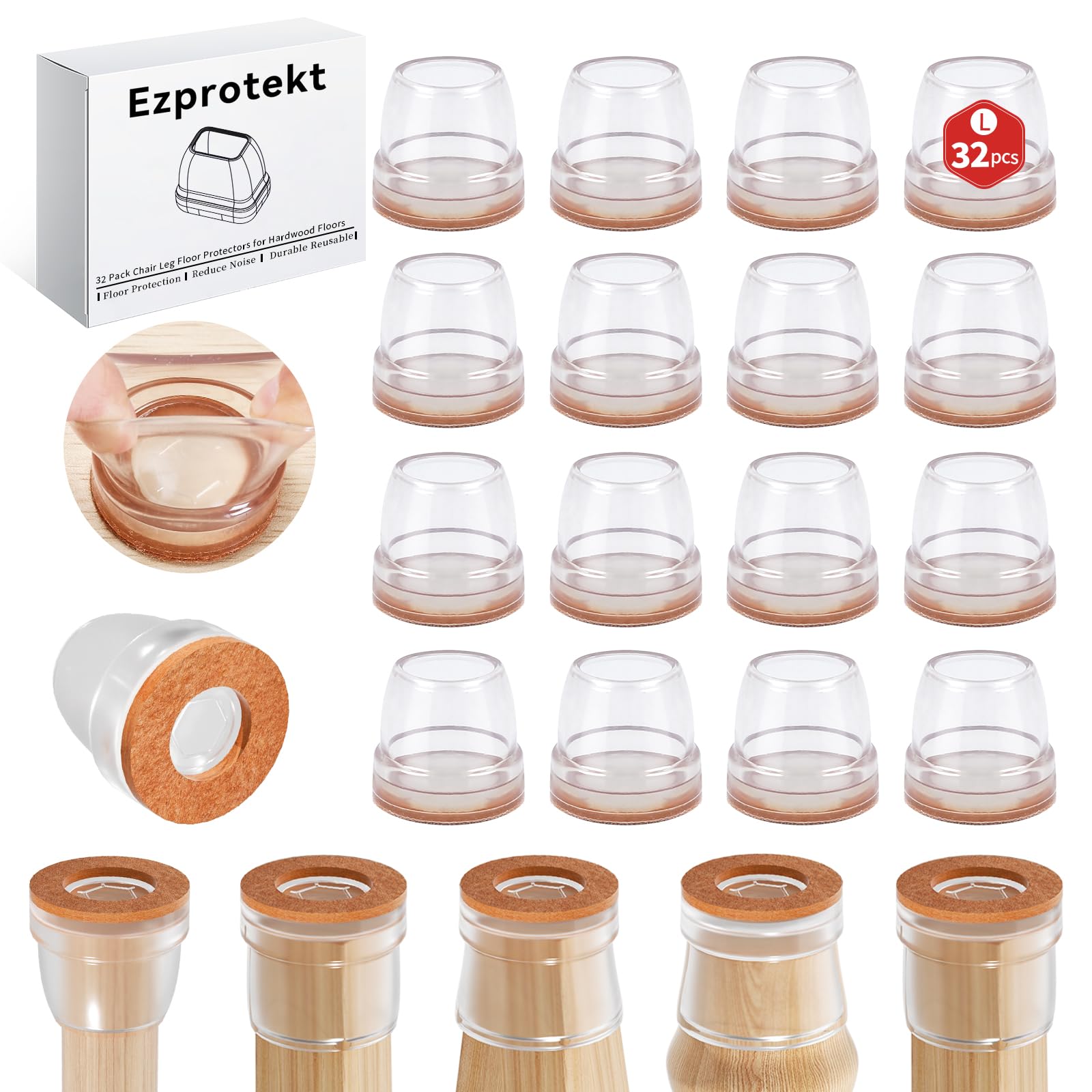 Ezprotekt Anti Skid Sliding Automatic Switching Chair Leg Covers, 32 P 1.25" Transparent Silicone Chair Leg Floor Protectors with Wrapped Felt, Rubber Chair Leg Caps, Furniture Feet Protectors Pads